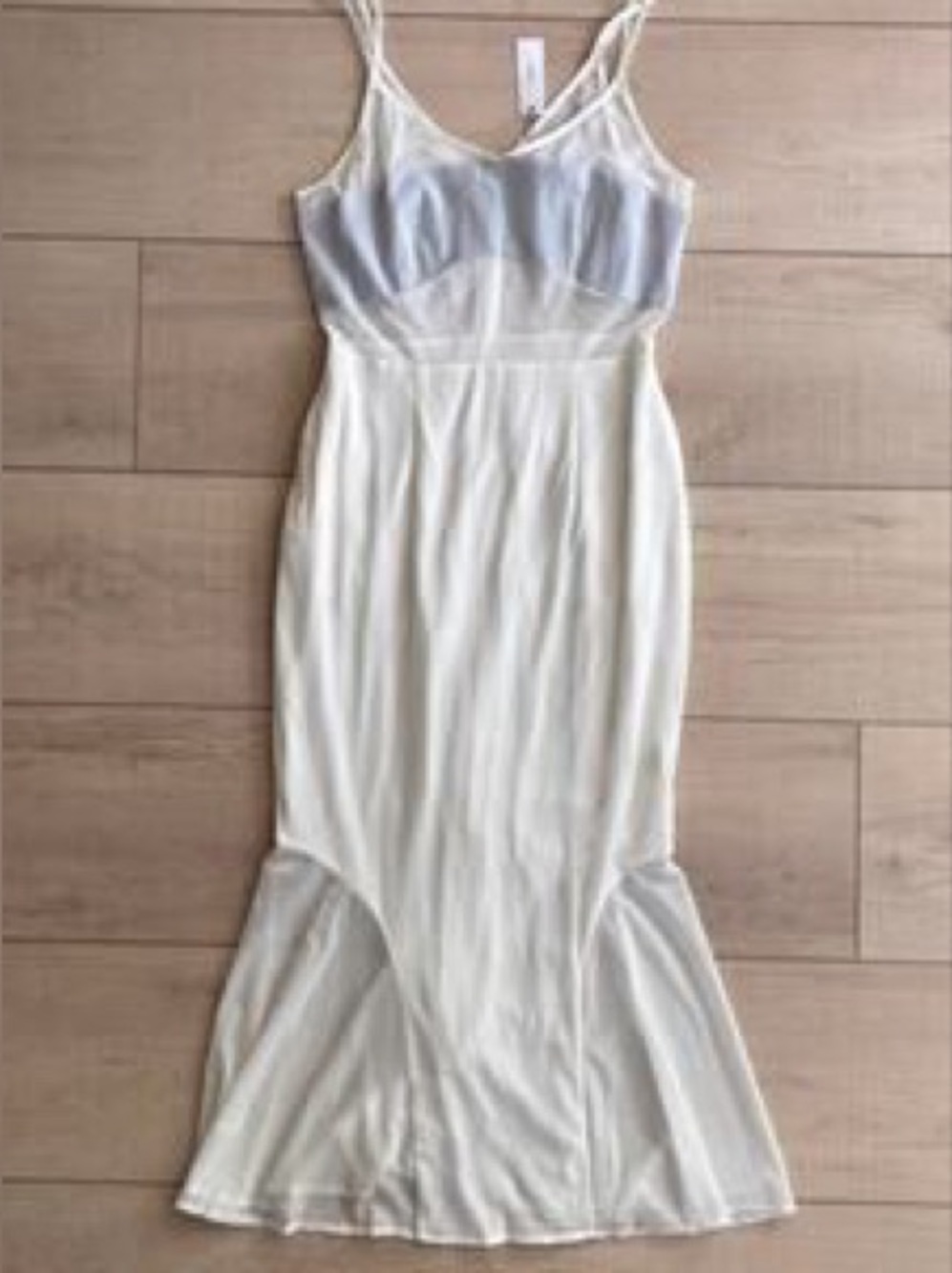 Sheer-Bodice Cream Maxi Dress with Spaghetti Straps